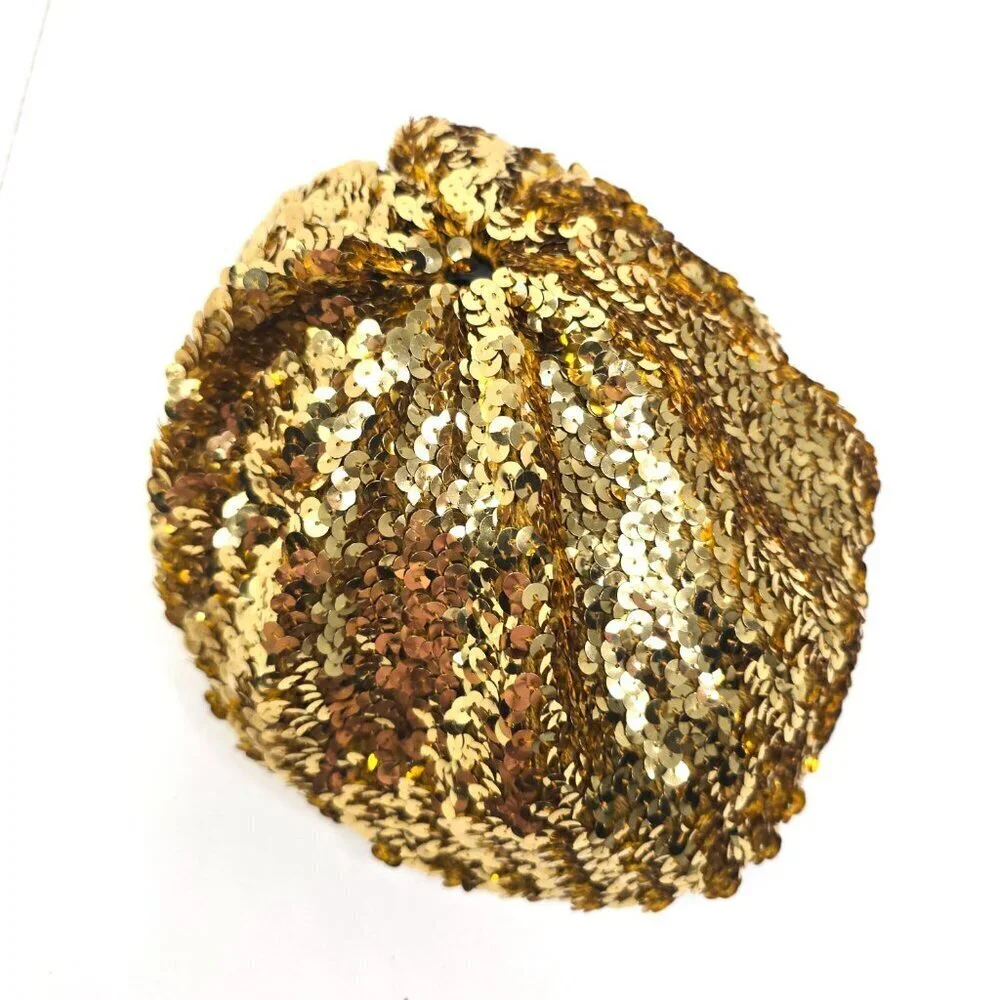 Vintage 70s 80s Gold Sequin Beret Slouchy Stretch - Picture 4 of 8